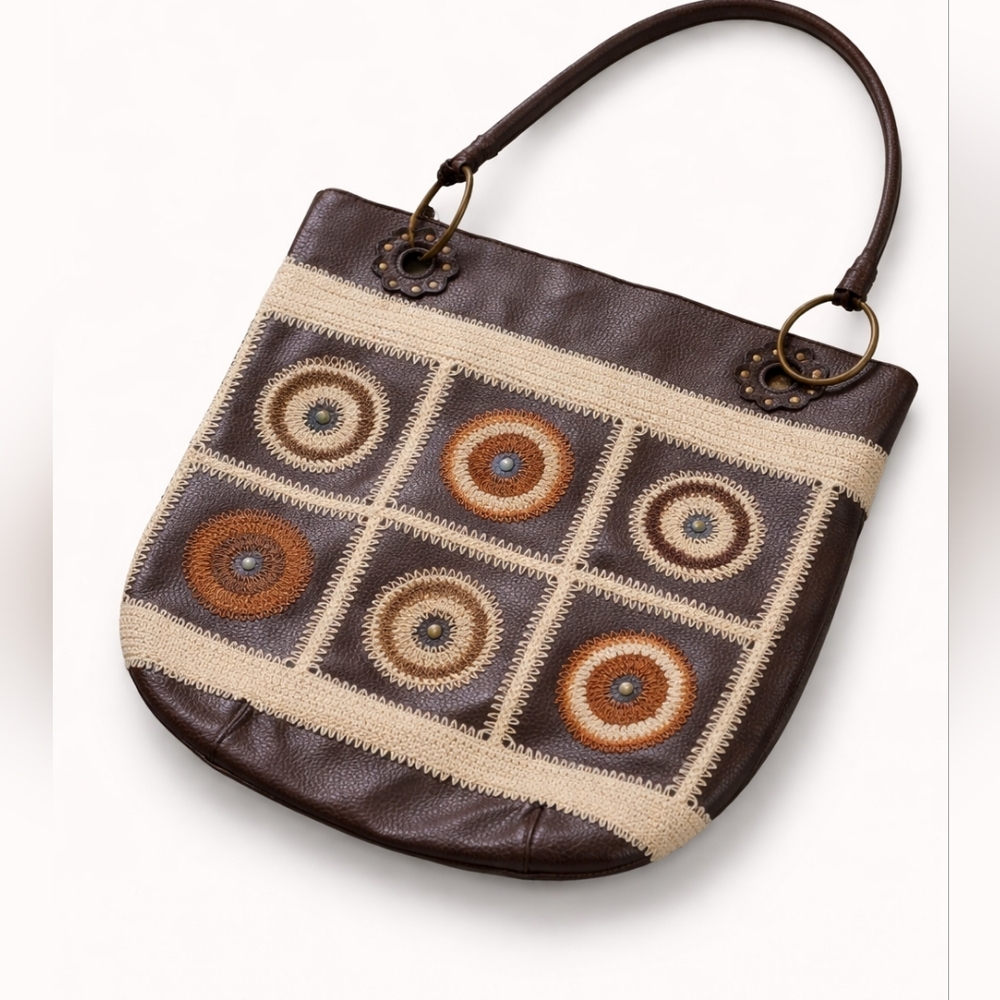 Large Boho Crochet Patchwork Shoulder Bag Leather… - image 2